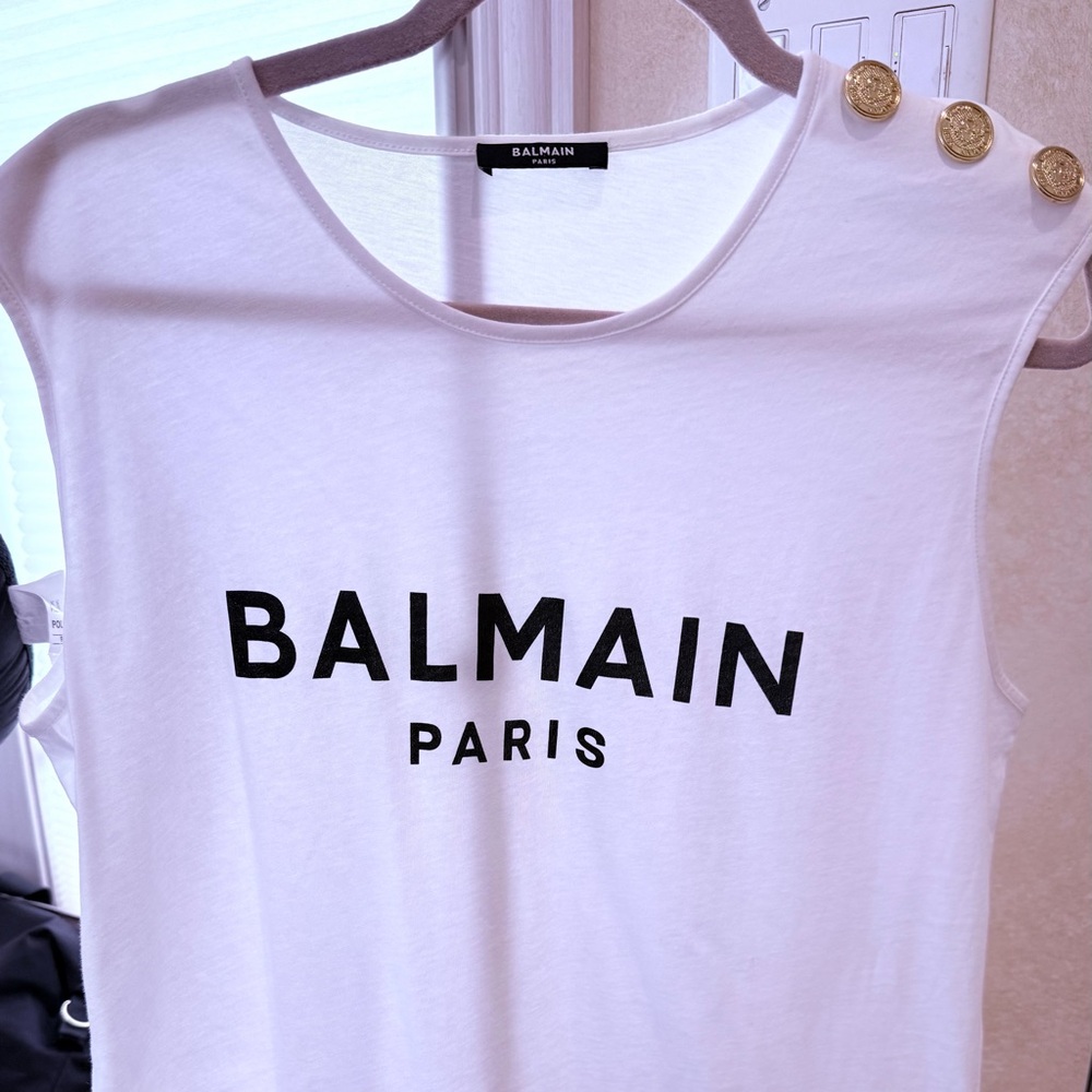 Balmain White Tee with Gold Button Detail